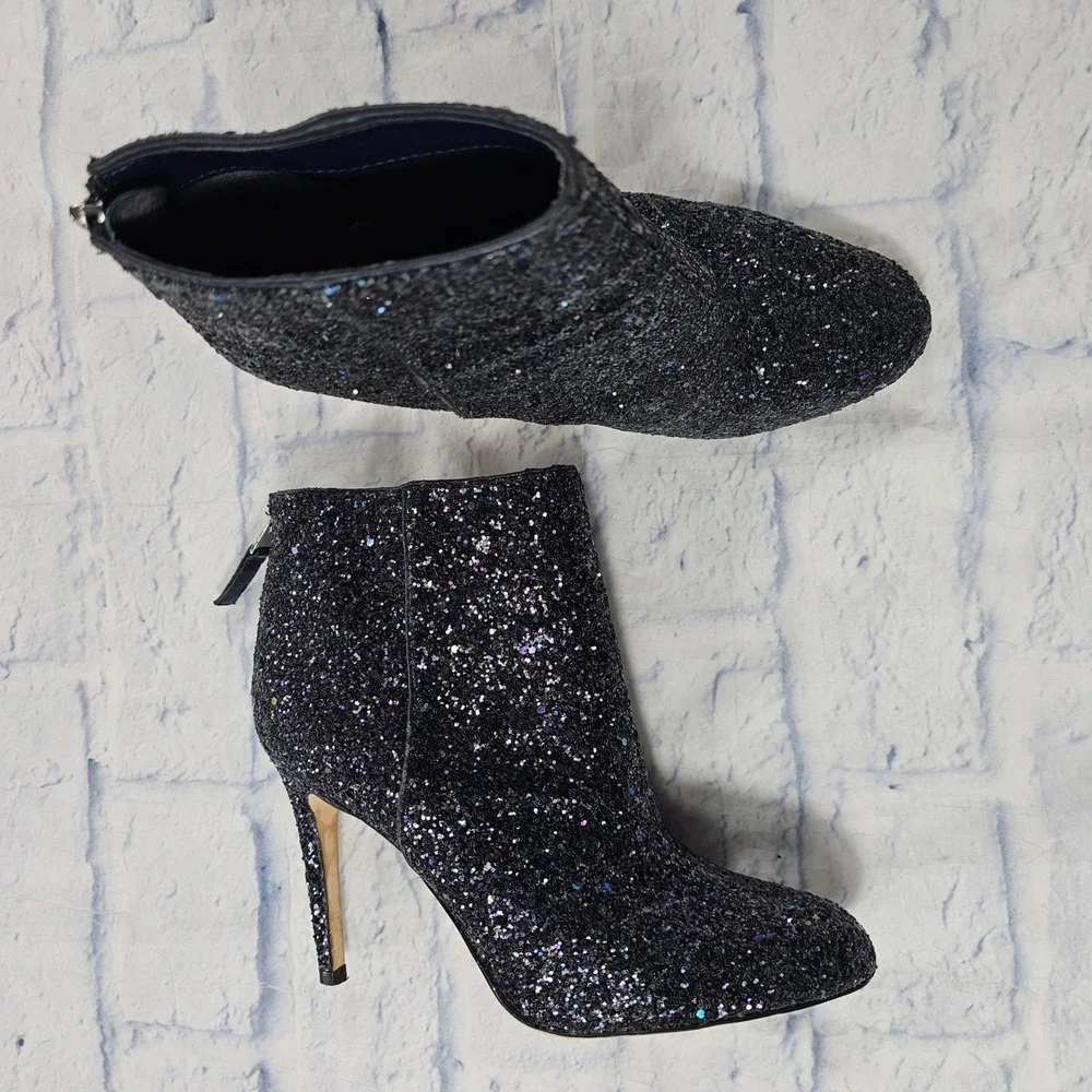 Sam Edelman Glitter Ankle Boots WOMEN 7.5 Black Multi Sparkle Stiletto Heel Glam